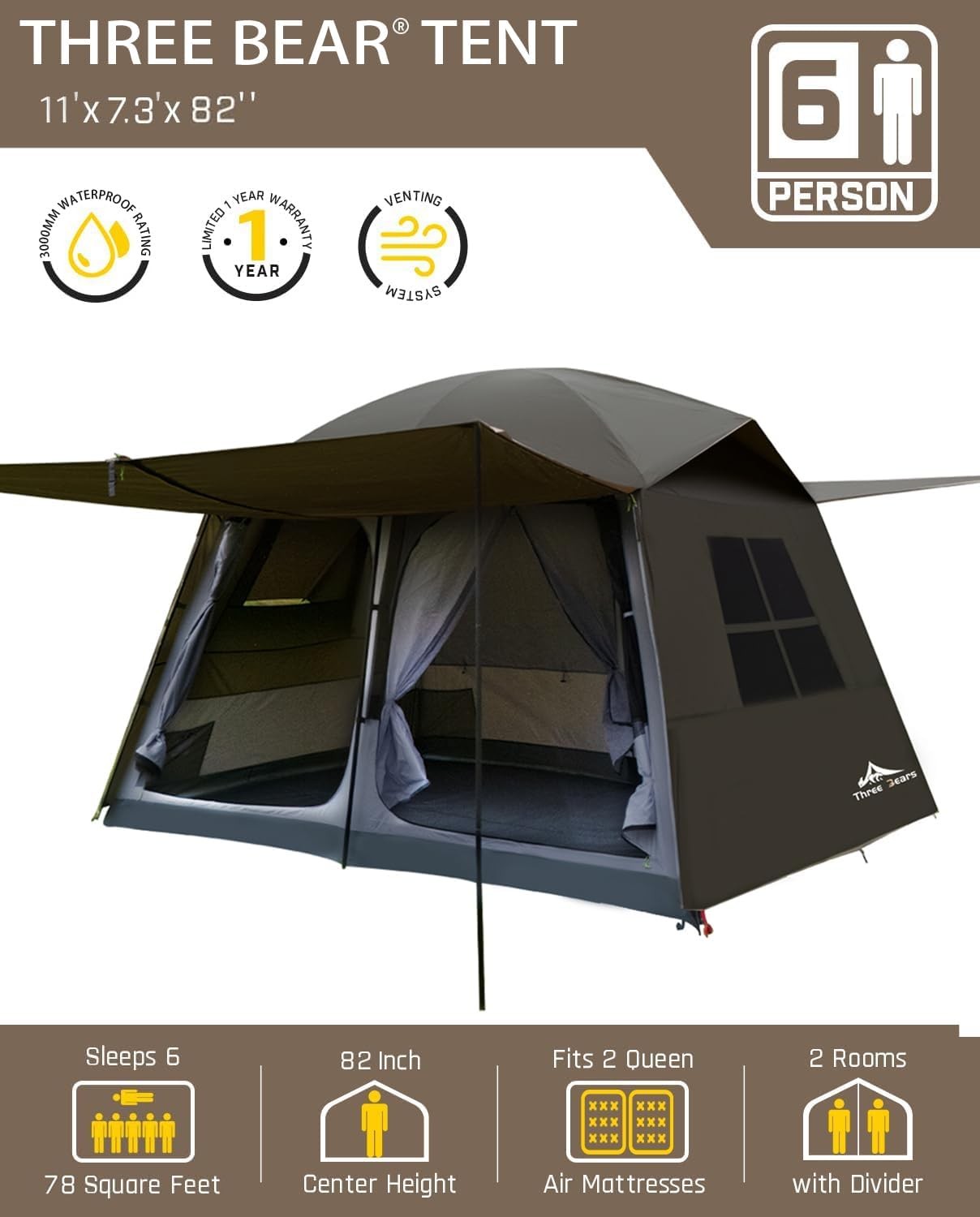 Three Bears 6-Person Tent 3000mm Waterproof Double-Layer Tent with Room Dividers